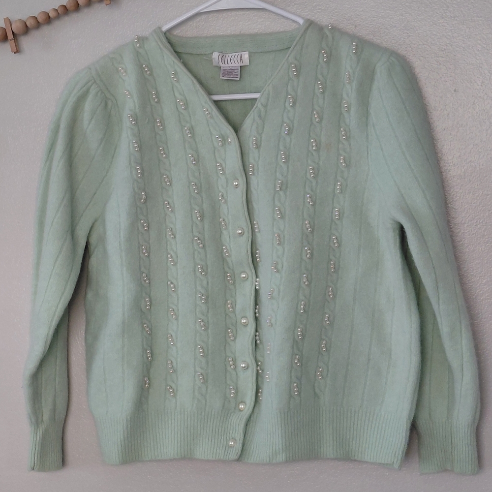 Vintage 80's Rabbit Hair And Lambswool Mint Green Pearl Button Front Cardigan